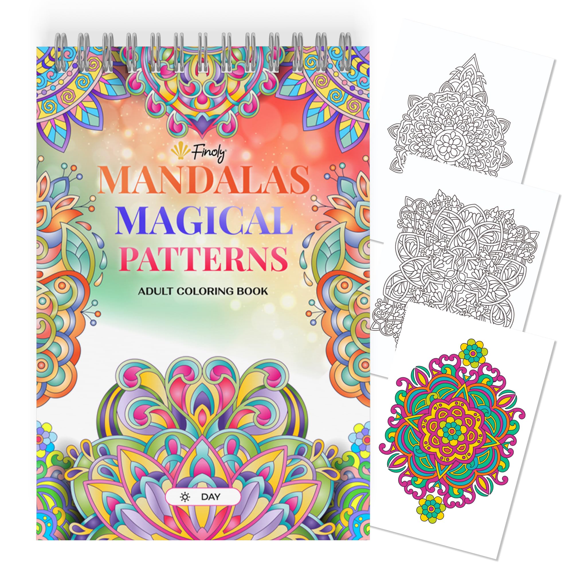 Finoly Mandala Colouring Books for Adults Reduces Stress | Adult Colouring Books for Women and Men in A4 | Mandalas Relaxation and Teens No Ink Bleed-Through Spiral Bound (Day)