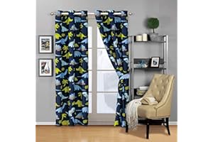 Linen Plus 2 Panel Curtain Set with Grommets for Teens Boys Girls New (Blue Dinosaur)