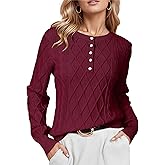 Arach&Cloz Sweaters for Women Button Cable Knit Pullover Sweater Crew Neck Long Sleeve Casual Outfits Dark Red 2025 S
