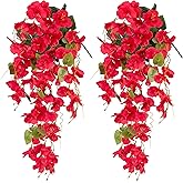 Artificial Hibiscus Fake Hanging Flowers Plants for Outdoors Spring Summer Decoration, 2pcs Red Silk Hibiscus Long Trailing Vines UV Resistant Realistic Faux Flower for Outside Front Door Porch Patio