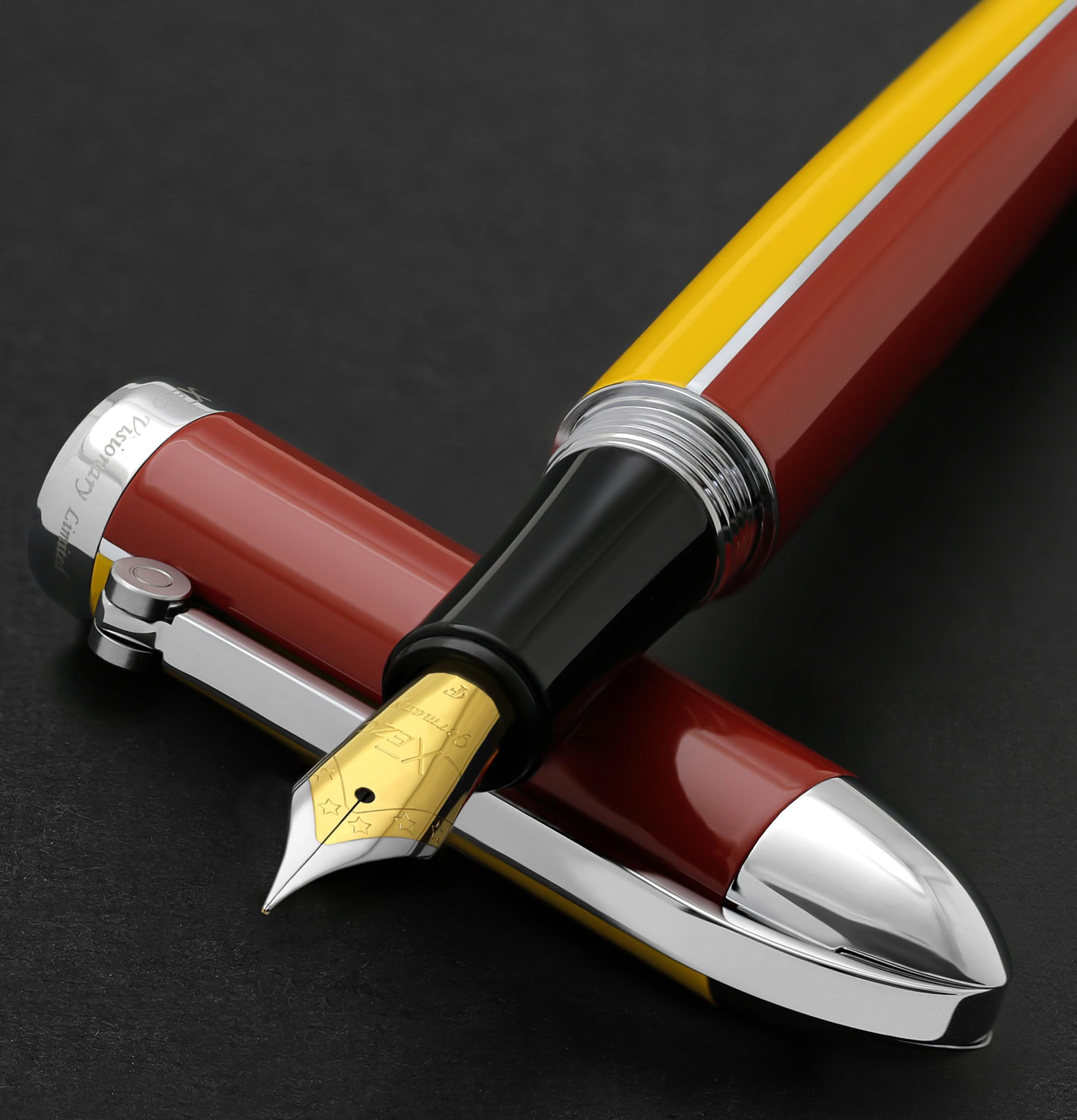 Xezo Visionary Brass and Aluminum Fountain Pen, Fine Nib. Hand-Lacquered in Aspen Yellow and Red. Numbered in Limited Edition of 500. Classic Art Deco Color Disposition, Retrofuturistic Body Style
