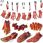 Scary Halloween Decorations, Haunted House Props Decor 6Pcs Fake Body Parts | Hanging Severed Hands, Creepy Bloody Carnival Vampire Zombie Party, 6pcs Fake Body Parts, 16pcs Weapon Cutouts Banner