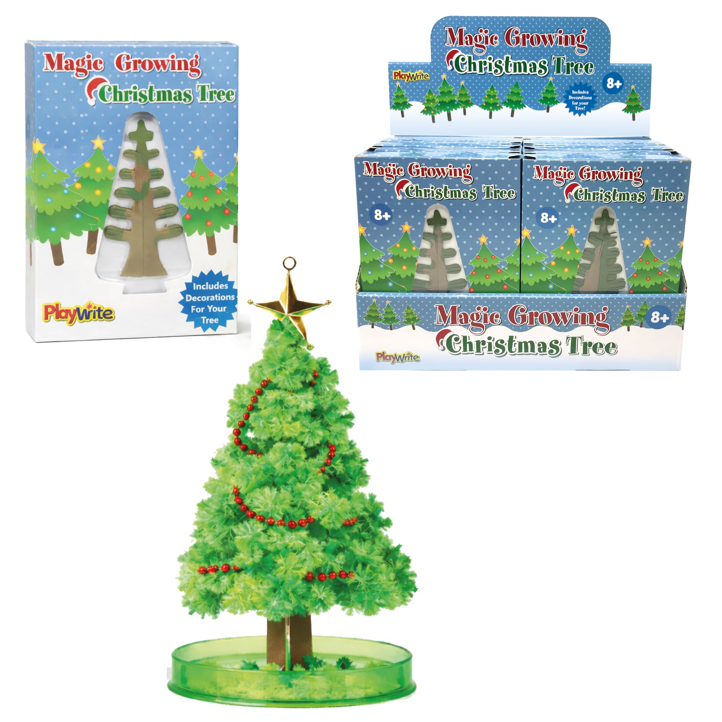 Playwrite 1 x Magic Growing Christmas Tree – Crystal Growing Kit for Kids, Grows in 24 Hours, Science Gift, Stocking Filler, Party Bag Filler