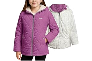 DKNY Reversible Girls Winter Coat - Heavyweight Quilted Jacket with Sherpa Lining Hooded Puffer Jacket Winter Coats for Girls