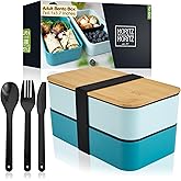 Premium Bento Box for Adults Blue – 2-Tier 46 oz Lunch Container Box with Bamboo Lid, BPA-Free & Leakproof, Microwave & Dishwasher Safe, Includes Food Divider & Cutlery – Ideal for Work & Travel