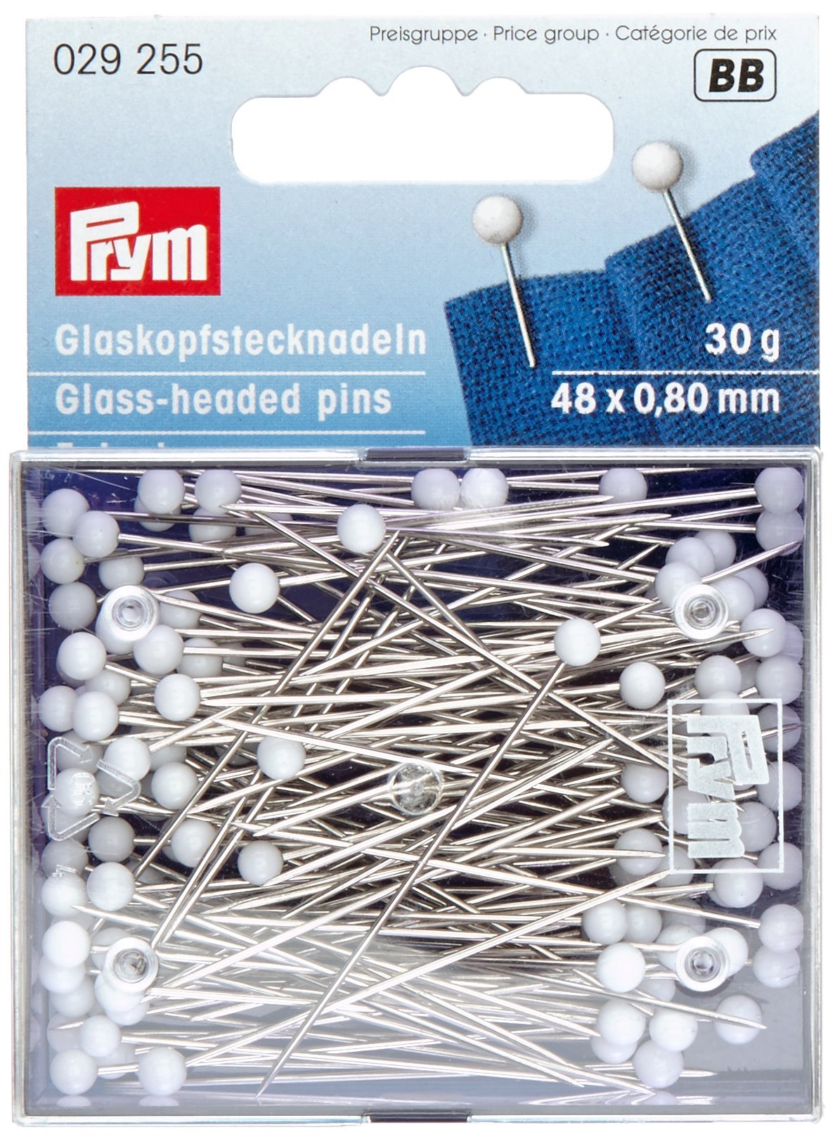 Prym_029255-1 0.80 x 48 mm Glass Headed Pins, White