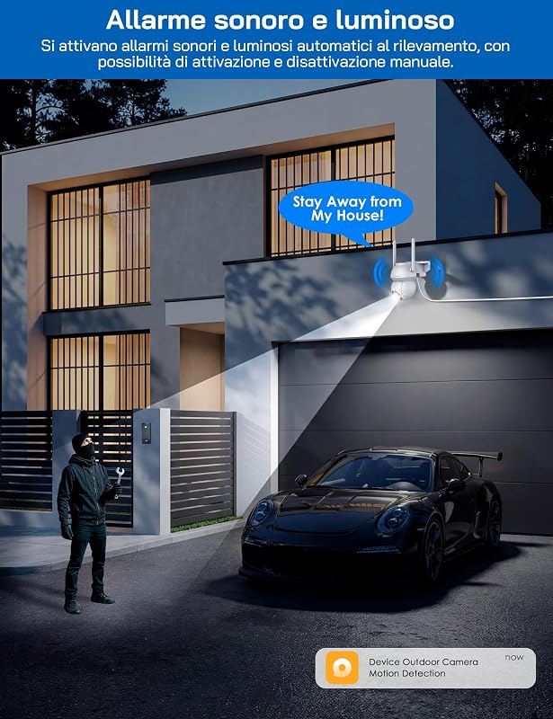 Telecamera di sicurezza esterna 2K 3MP, telecamera WiFi PTZ 360°, visione notturna a colori, rilevamento AI, allarme acustico e luminoso, IP65 resistente alle intemperie, funziona con Alexa e