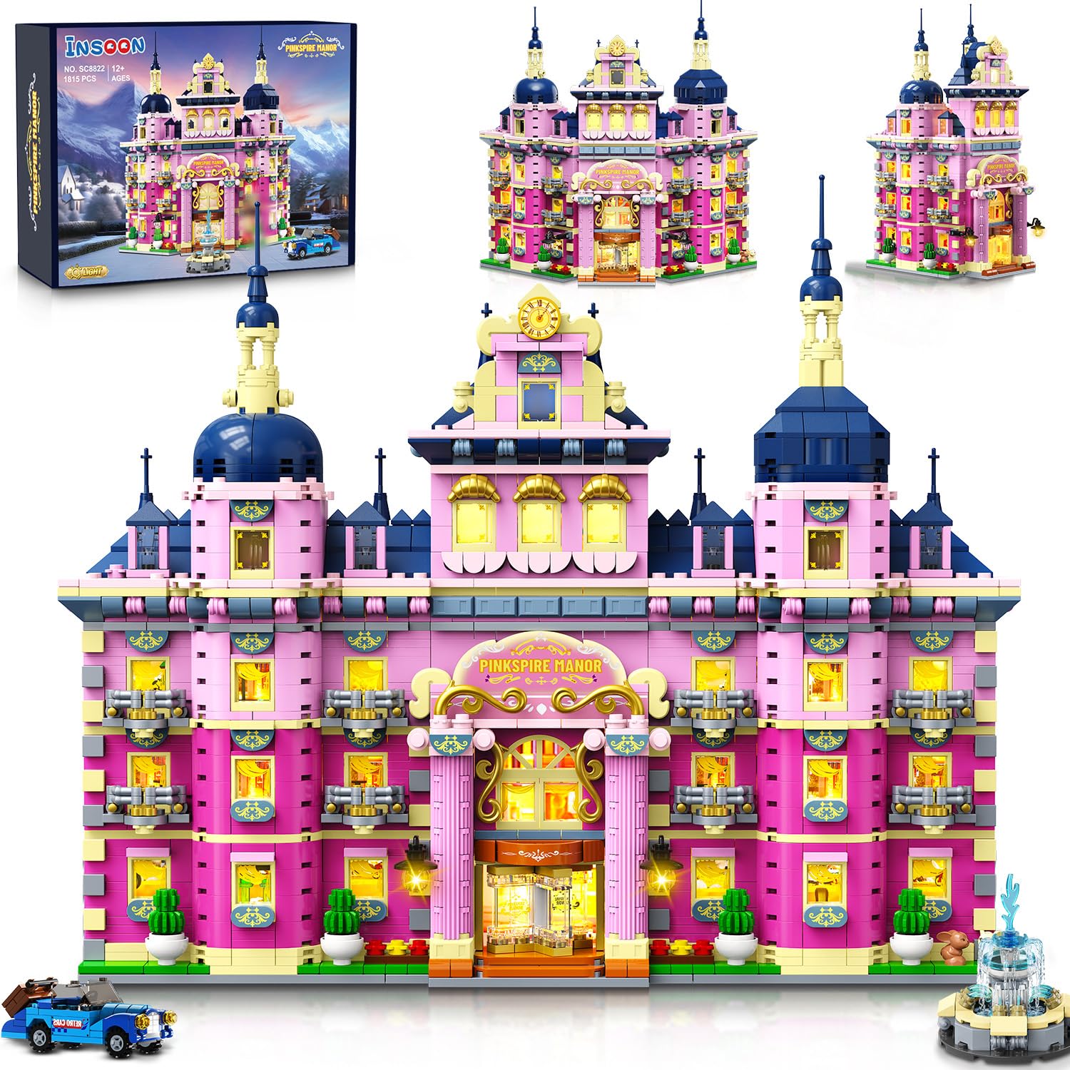 Photo 1 of **USED, OPENED** INSOON Pink Estate House Building Set with Lights, 3 Style Pinkspire Construction Model with Car Fountain, 1815 PCS Friends Villa Castle Building Block Kit Home Decor, Gift for Adults Boys Girls 8-12+