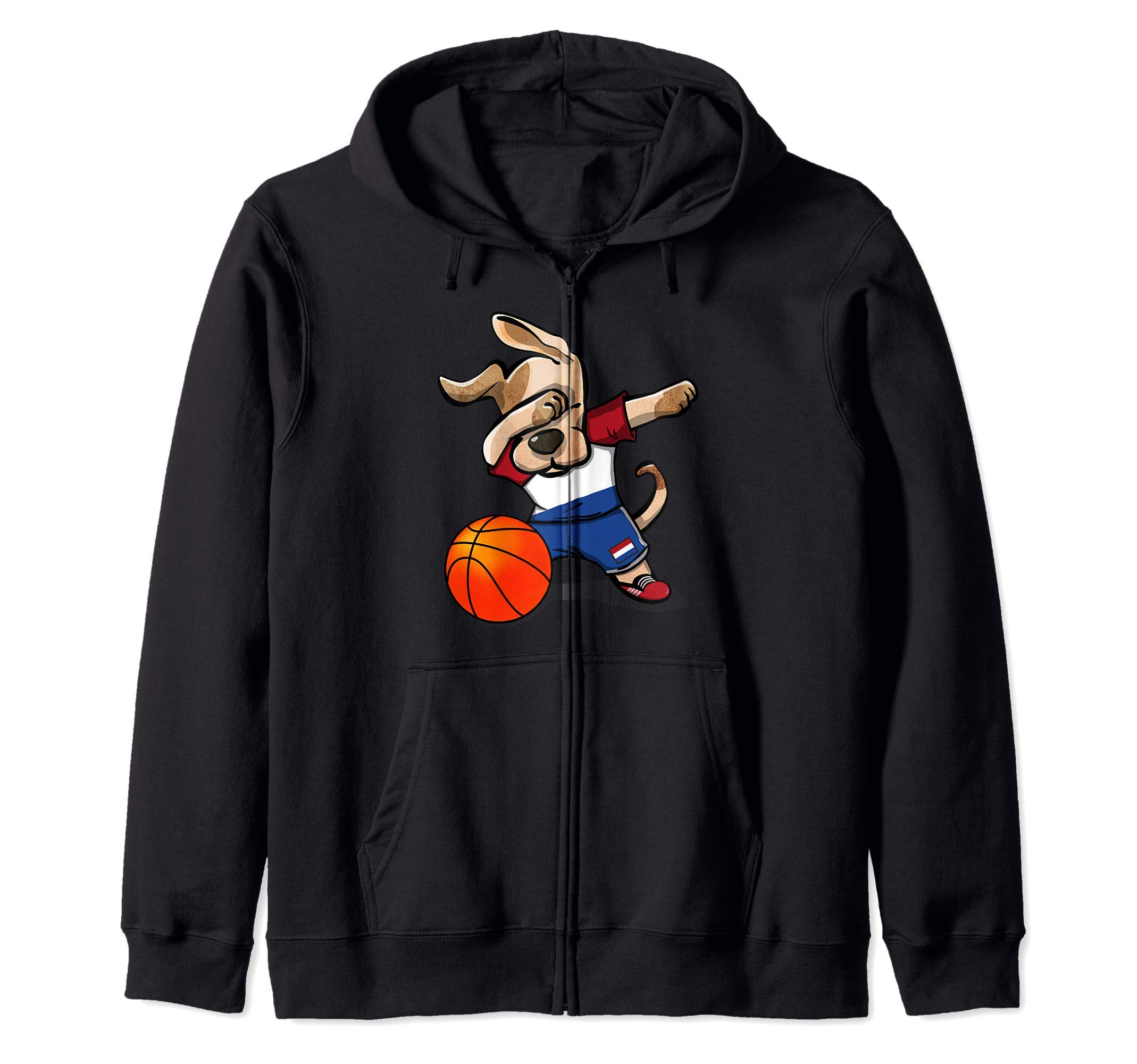 Funny Dabbing Dog Netherlands Basketball - Dutch Flag Sport Zip Hoodie