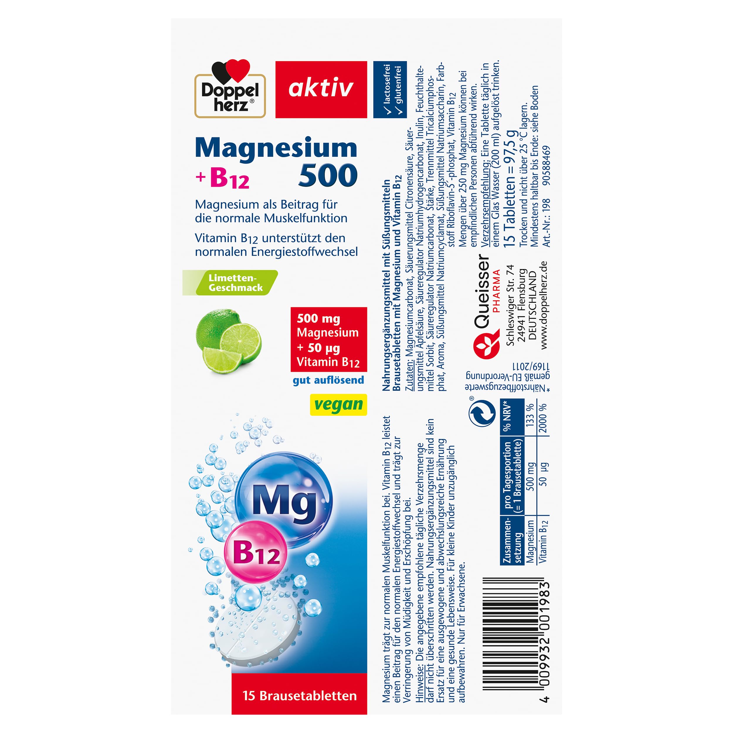 Doppelherz Magnesium 500 + B12 - mit Magnesium & Vitamin B12 zur Unterstützung der normalen Muskelfunktion - vegan - 15 Brausetabletten mit Limetten-Geschmack 2