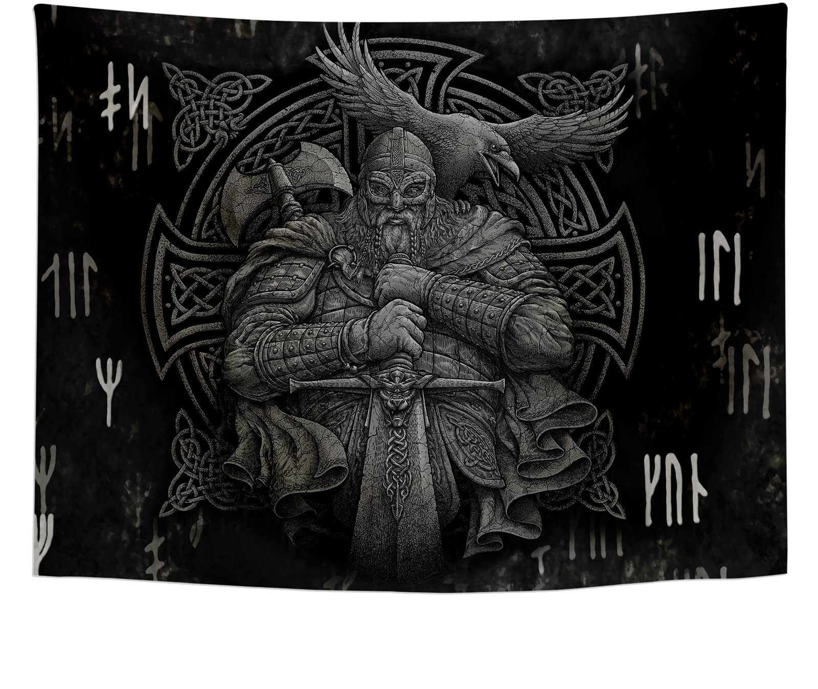 Arsey Norse Viking Tapestry Wall Hanging Gifts for Men, Odin Warrior Sword Axe Raven Tapestries Square Knot Tattoo Runes Bedroom Room Home Decor 200 X 150 CM