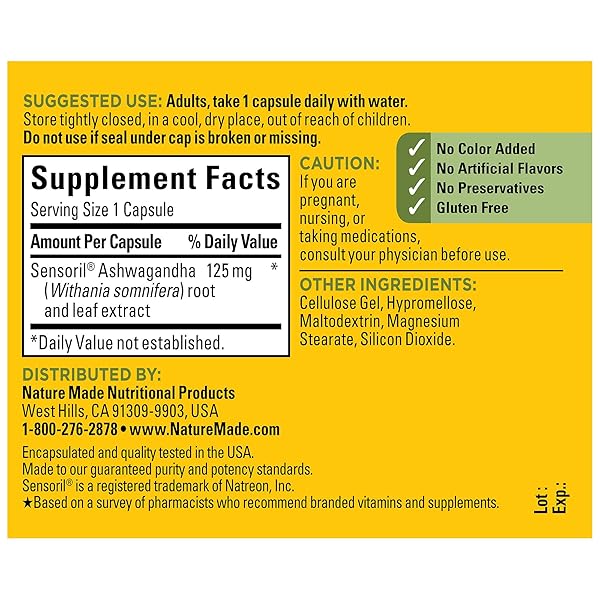 NATURE MADE ASHWAGANDHA CAPSULES 125MG FOR STRESS SUPPORT, 60 CAPSULES, 60 DAY SUPPLY