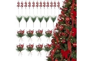 Geosar 48 Pieces Red Christmas Tree Picks Glitter Berry Stems Artificial Small Picks, Pine Branches & Holly Berries Bulk Christmas Sprigs for DIY Xmas Wreath Crafts Gifts, Holiday Xmas Home Decor