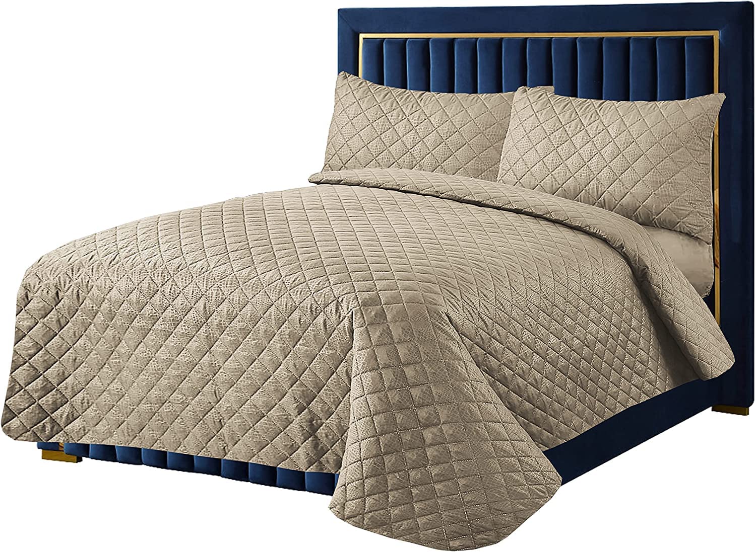 Quilted Bedspreads with Matching Pillowcases, Diamond Floral Embossed Pattern Comforter Set, Ultrasonic Microfibre Luxury Bed Throws, Easy care, Machine Washable (Beige, Single)