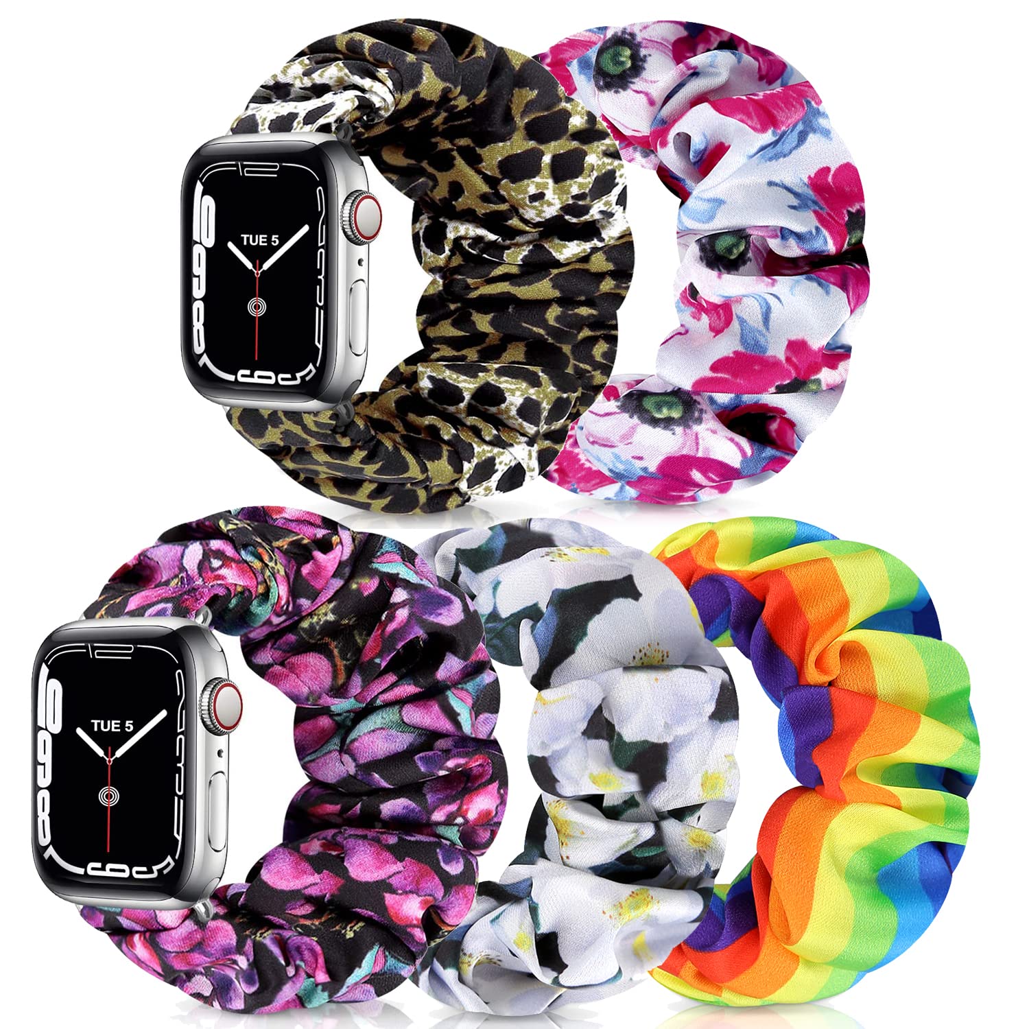 Scrunchie Watch Bands for Women Compatible with Apple Watch 38mm 40mm 41mm 42mm 44mm 45mm, Elastic Scrunchy Replacement Band Soft Stretchy Band For iWatch Series 7/6/5/4/3/2/1/SE (5 Pack B,L-Size) — image 1