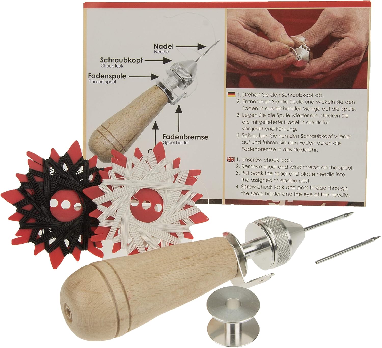 Langlauf Schuhbedarf Nähahle f. Leder und schwere Stoffe, inkl. 2X Nähnadeln und 20m Leinenzwirn - das kleine Leder Nähset