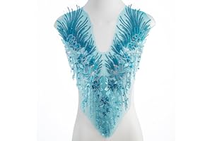 FixrWre Beaded Pearl Flower Fabric Lace Applique, Floral Embroidered Patches Handmade Sewing Tool for DIY Neckline Bodice Wedding Bridal Prom Dress(Sky Blue-Small)