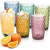 Topsky Highball Drinking Glasses Set of 6,12 oz Colored Glassware with Geometric Diamond Pattern,Embossed Diamond Tumblers,Blue Vintage Glassware Set for Beer,Juice,Cocktail