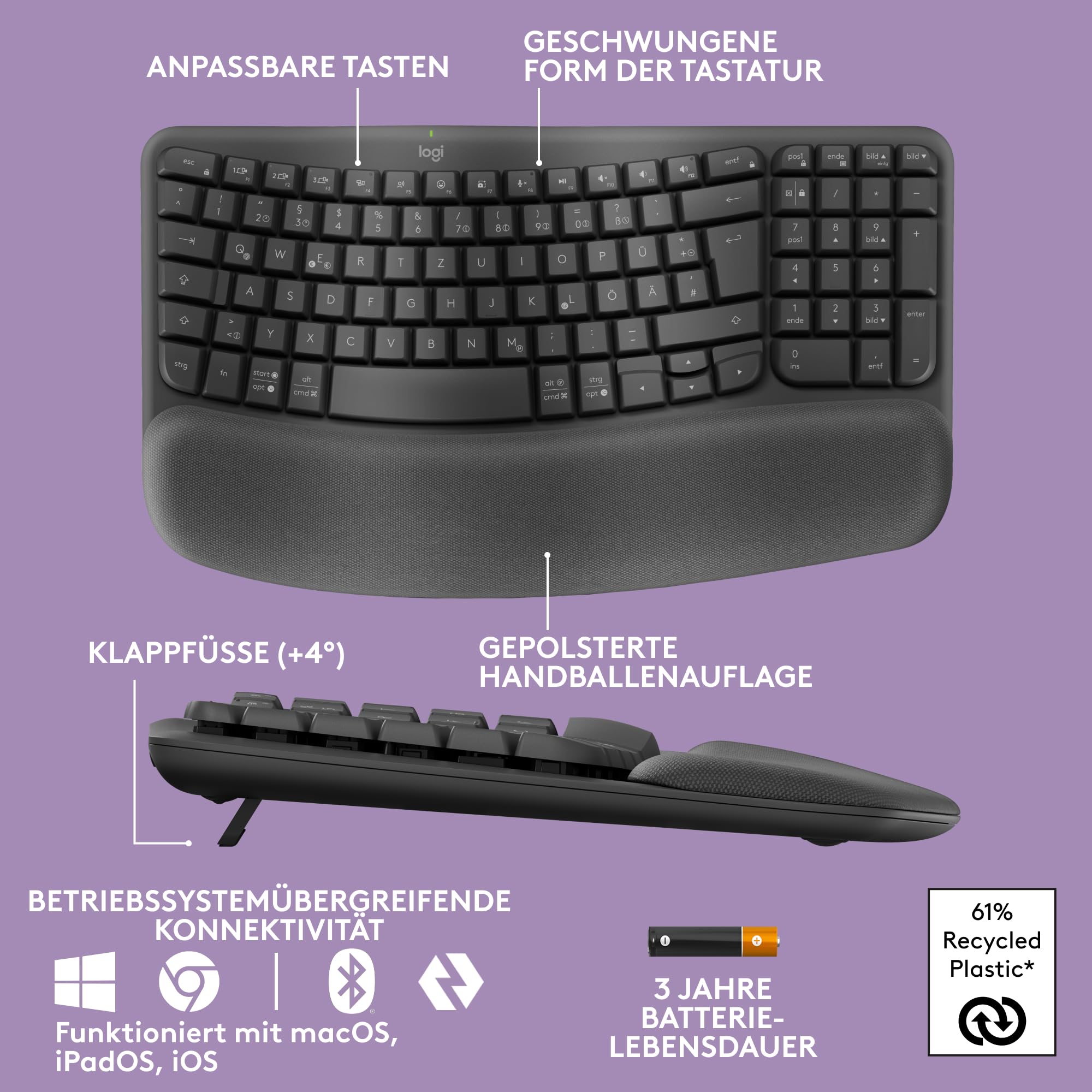 Logitech Wave Keys kabellose ergonomische Tastatur, gepolsterte Handballenauflage, Komfortables natürliches Tippen, Easy-Switch, Bluetooth, Logi Bolt, Multi-OS, Windows/Mac, Deutsches QWERTZ, Graphit 7
