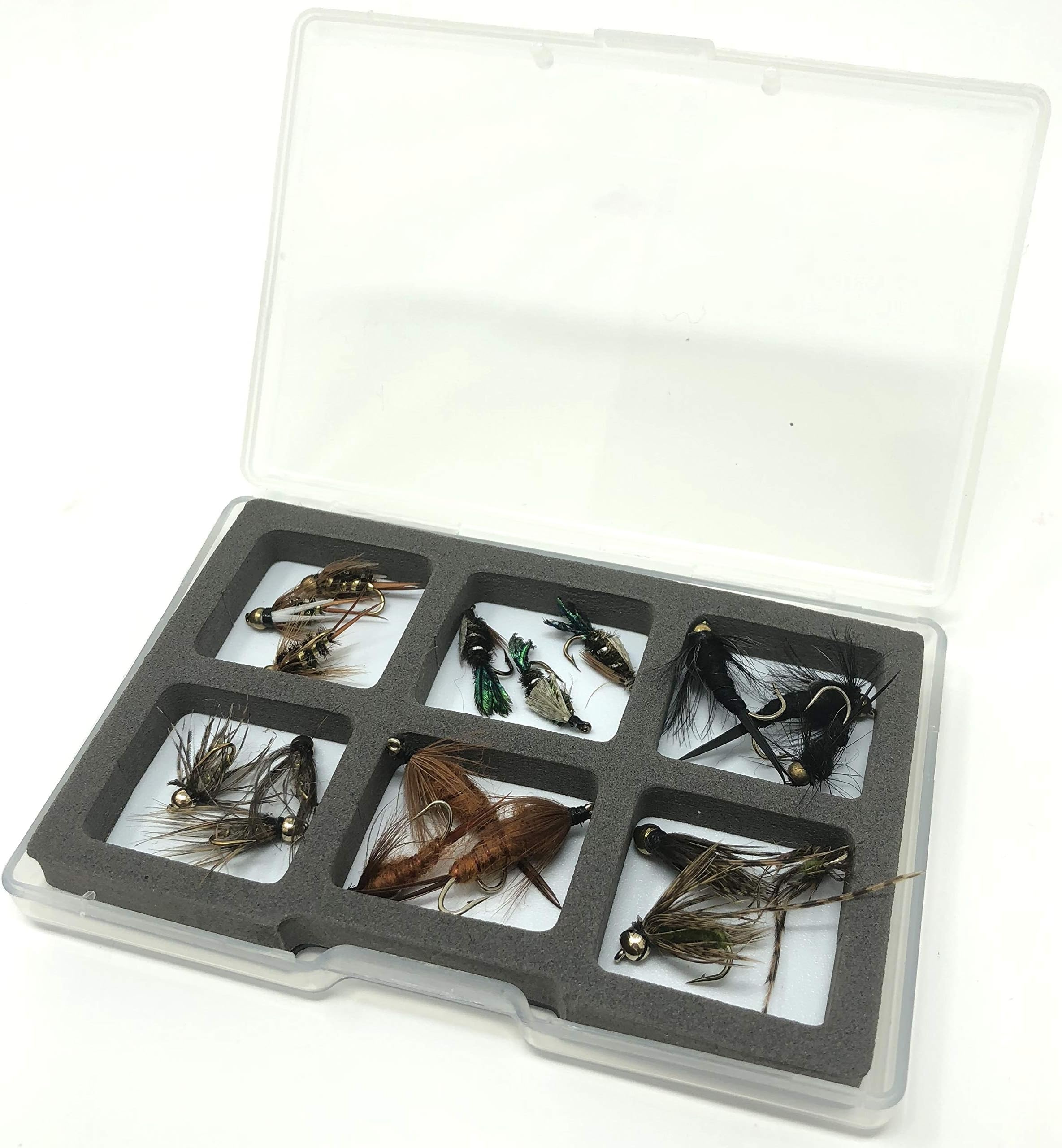 Feeder Creek Fly Fishing Assortment - 18 Flies in 6 Patterns - Nymphs and Wets with Fly Box