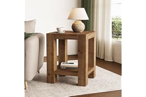 TRIBEWOOD Solid Wood Side Table, Farmhouse 2-Tier End Table with Storage Shelves for Small Spaces, Living Room, Bedroom, Rust