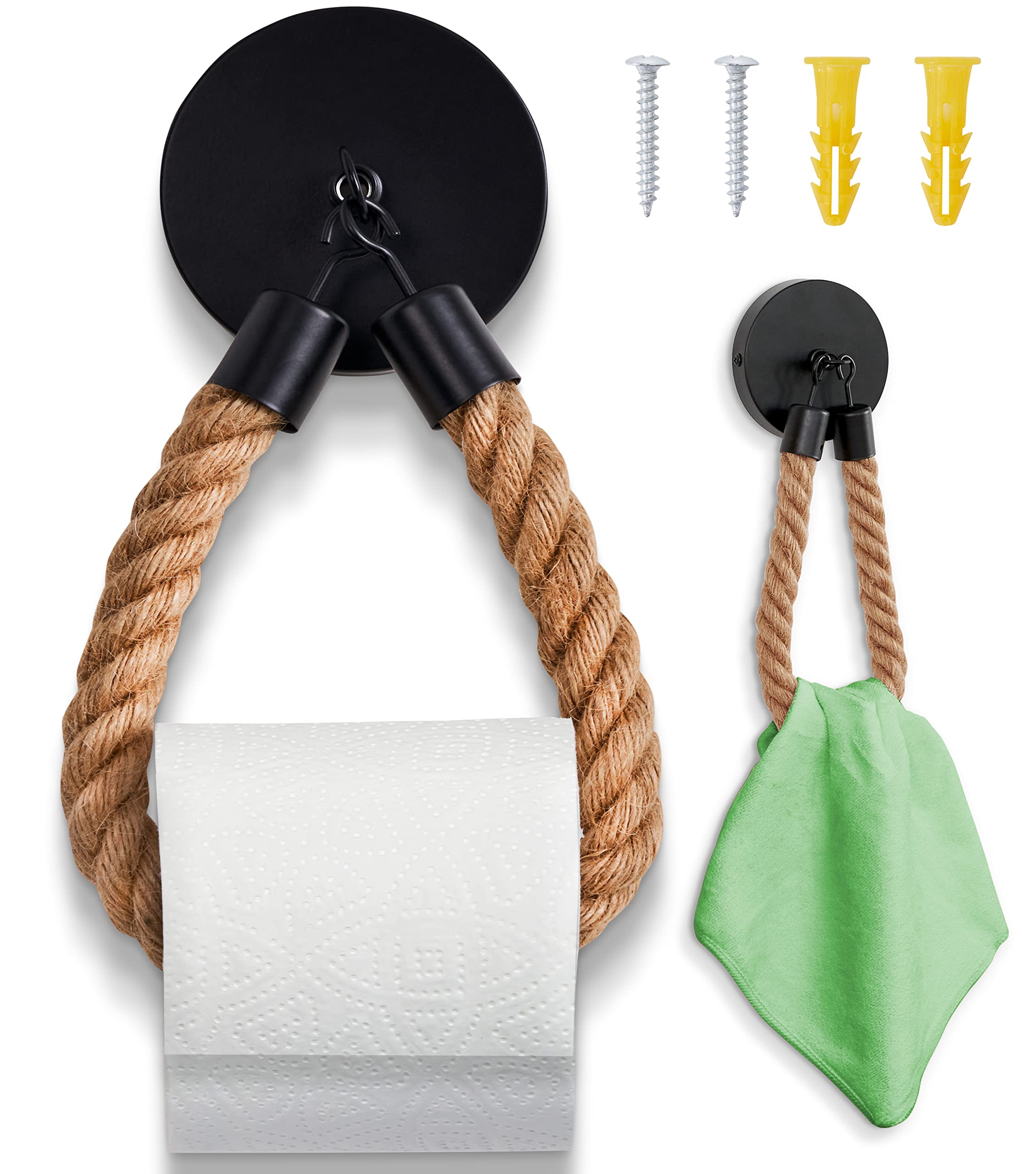 HENNEZ Toilet Roll Holder Wall Mounted - Natural Handmade Bathroom Toilet Roll Holder with Rope - Wall Mounted Wooden Toilet Roll Holders - Towel Holder Wooden Bathroom Accessories - Loo Roll Holder