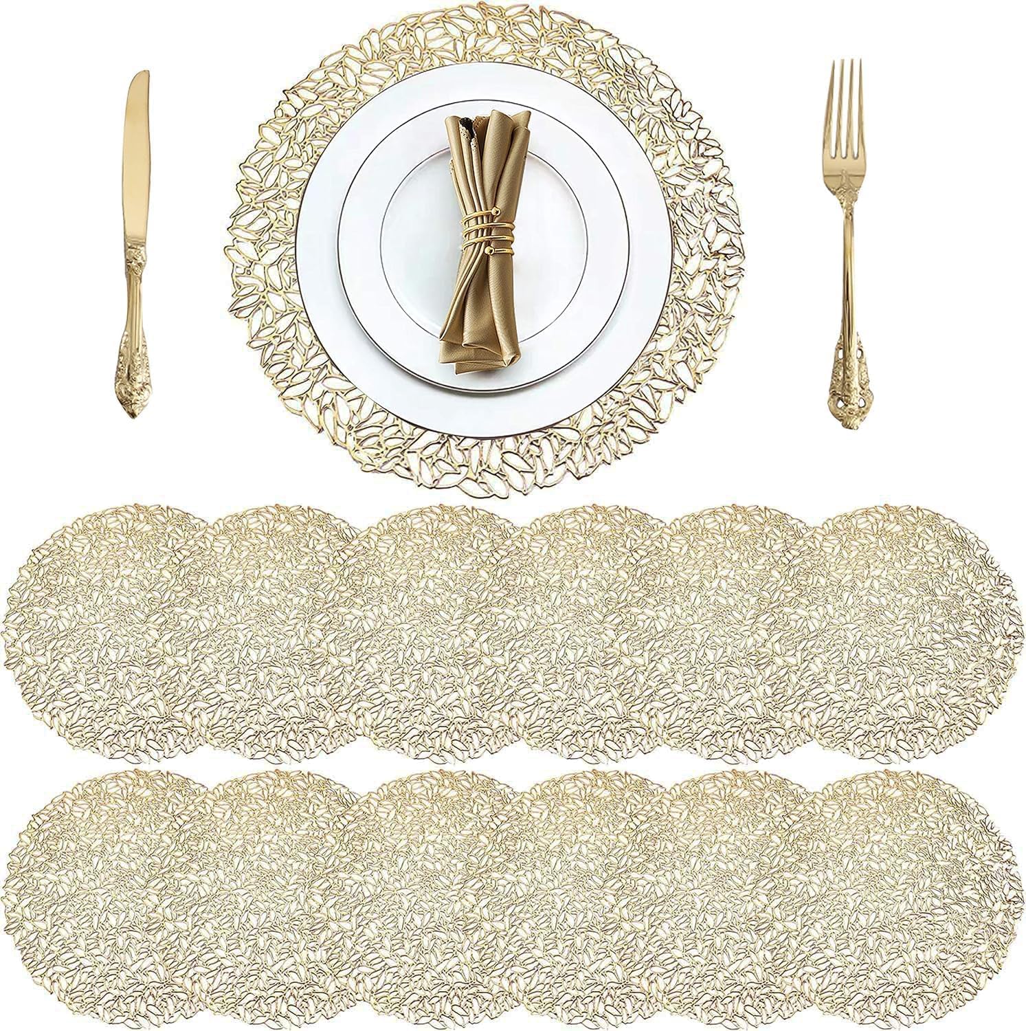 Cedilis 12 Pack 38 cm Round Pressed Vinyl Placemats, Non-Slip, Washable Gold Place Mats, Christmas Wedding Accent Centerpiece Placemat for Dining Table Kitchen Decor