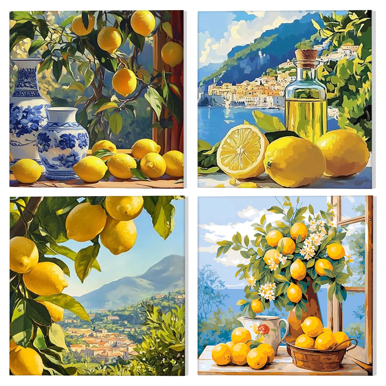 NAIMOER 4 Pack Lemons Paint by Numbers Kits for Adults with Frame, DIY Paint by Numbers for Beginners Landscape, Framed Painting by Numbers on Canvas Gifts for Home Decor 20x20cm