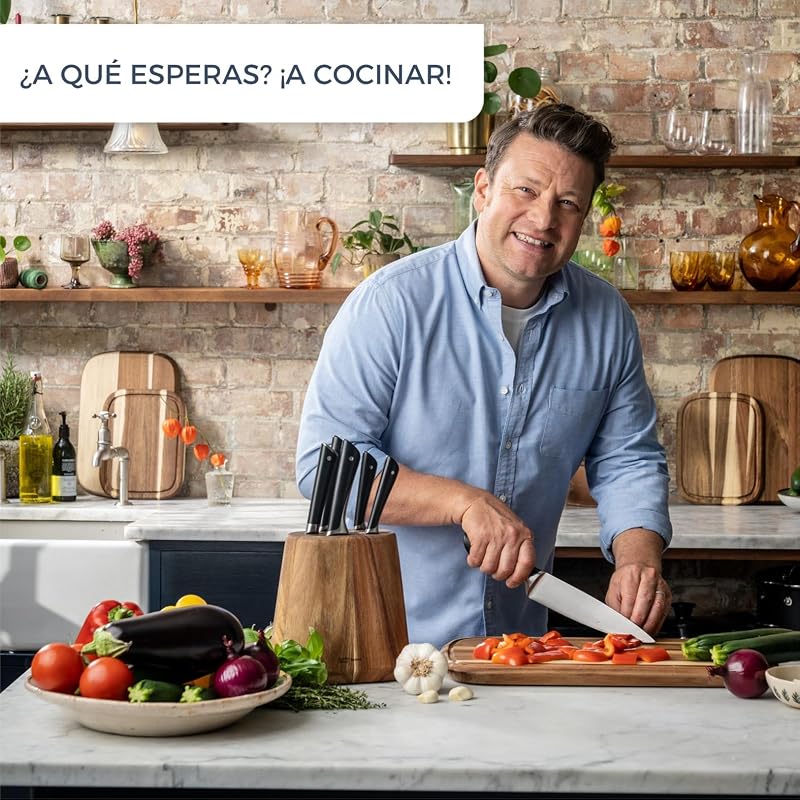 Jamie Oliver - Conjunto de 4 facas: Santoku 16,5 cm, Chef 15 cm, Universal 12 cm e Peeler 9 cm, Aço Inoxidável, Endurecida a Gelo -120°C, Corte Preciso, Cabo Robusto, Design Durável