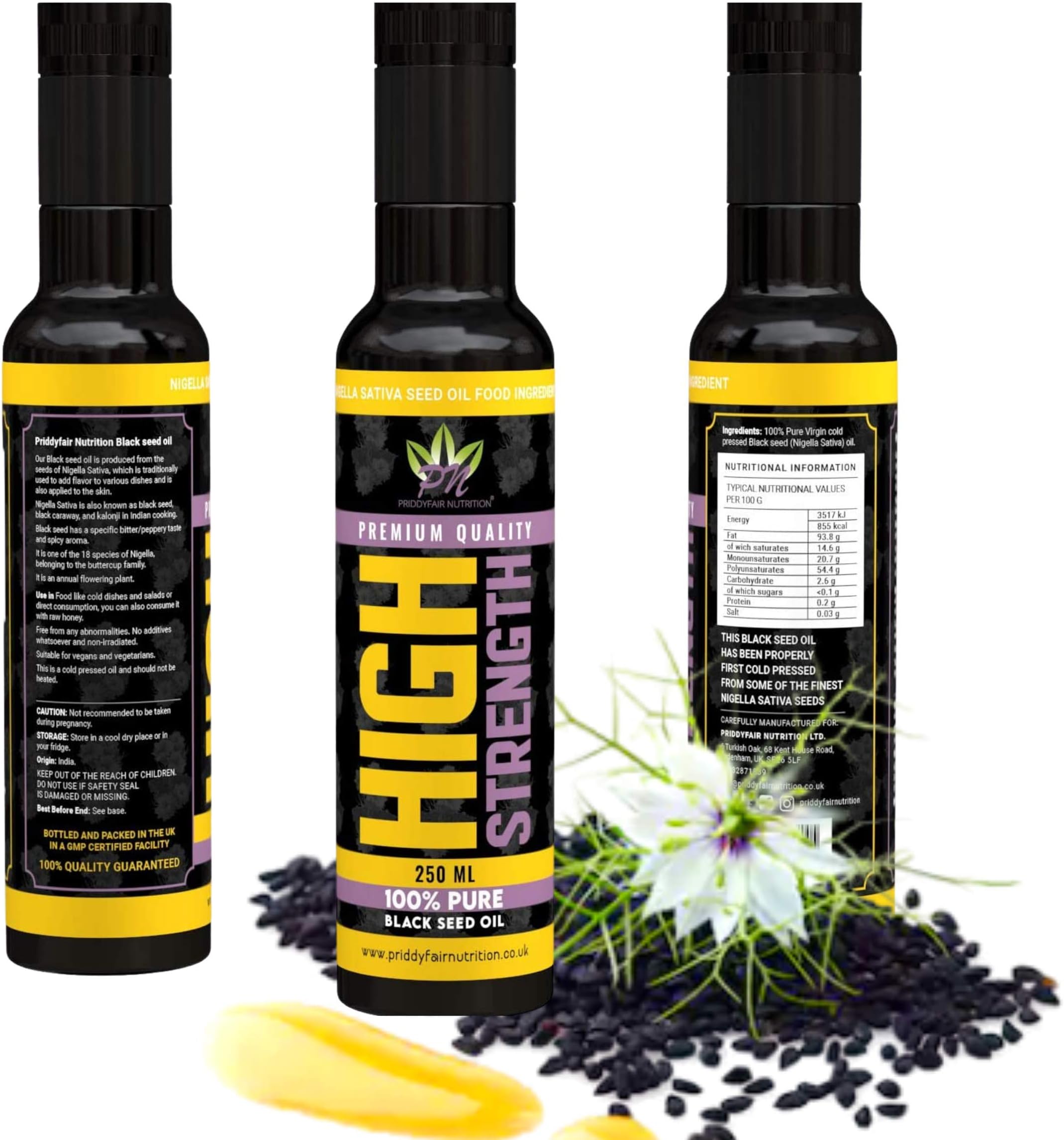 Black Seed Oil 250ml Cold pressed with a free sachet of Raw Honey - HIGH Strength ,100% Pure virgin oil ( Nigella sativa Seed ) - Premium Quality by Priddyfair Nutrition