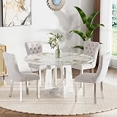 MELAABUU 47" Round Farmhouse Dining Table Set for 4, Circle White Faux Marble Kitchen Table with 4 Beige Velvet Upholstered Dining Chairs, Wooden Kitchen and Dining Room Table Set for Dining Room