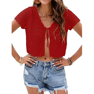 2026 Summer Shrugs for Women Crochet Sweater Tie Front Knit Bolero Sleeve Cropped Cardigan Beach Exposed Navel Shirts