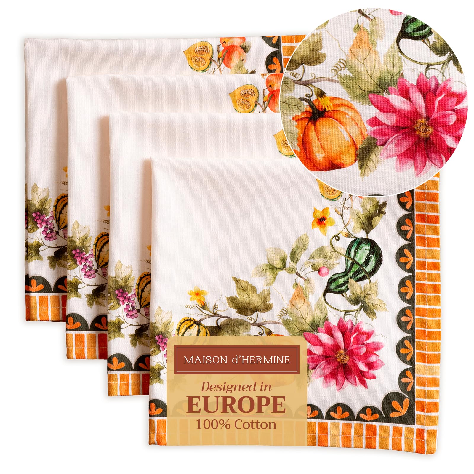 Maison d' Hermine Cloth Napkins Set of 4 100% Cotton for Christmas Decorations Everyday Reusable Square Autumn Napkins Cloth Washable Dinner Wedding (Pumpkin Garden - Cloudy Cream, 45 CM x 45 CM)