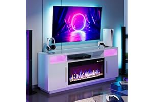 BELLEZE 70" Fireplace TV Stand for TVs Up to 80", LED Light Entertainment Center with 36" Electric Fireplace Heater, Storage Cabinet, Media Console Table for Living Room - Avenue (White)