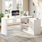 HSH 55-76 Inch White Morden L Shaped Desk,Corner Desk with Storage Drawers | Reversible Home Office Desk,Wood 360 Rotating Executive Coumputer Desk With Open Shelves,Long For Work,Study,Gaming