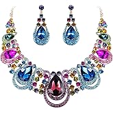 BriLove Women's Costume Fashion Crystal Teardrop Hollow Scroll Statement Necklace Dangle Earrings Set