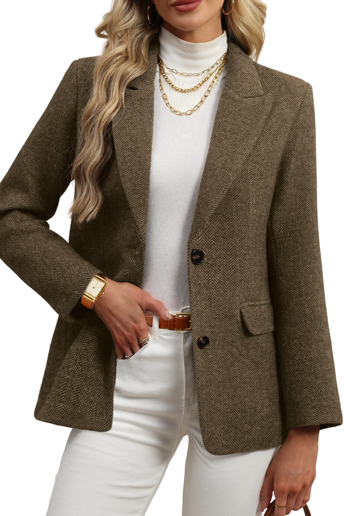 Photo 1 of ELLEVEN Wool Blend Tweed Blazers for Women Boyfriend Herringbone Fall Winter Blazers Dressy Business Casual Double Button Long Sleeve Suit Oversize Harris Tweed Suit Jacket Brown Medium