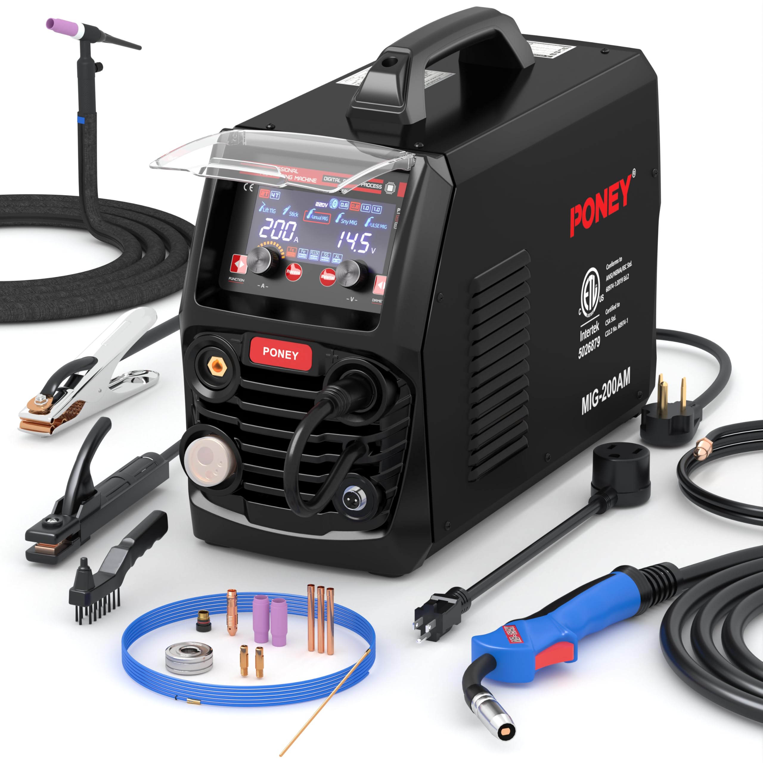 Photo 1 of ***DAMAGED - SEE NOTES/PICTURES***PONEY Aluminum MIG Welder, 200Amp 110V/220V 6 in 1 Gas MIG/Gasless Flux Core MIG/Pulse MIG/Stick/Lift TIG/Spool Gun Welding Machine, Synergic & Manual Control, Digital Display