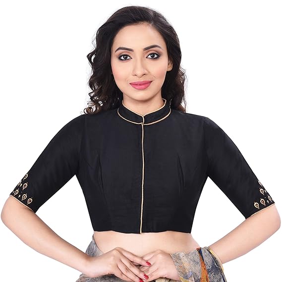 Women's Cotton Silk Embroidered Blouse (D-1005379-Black)