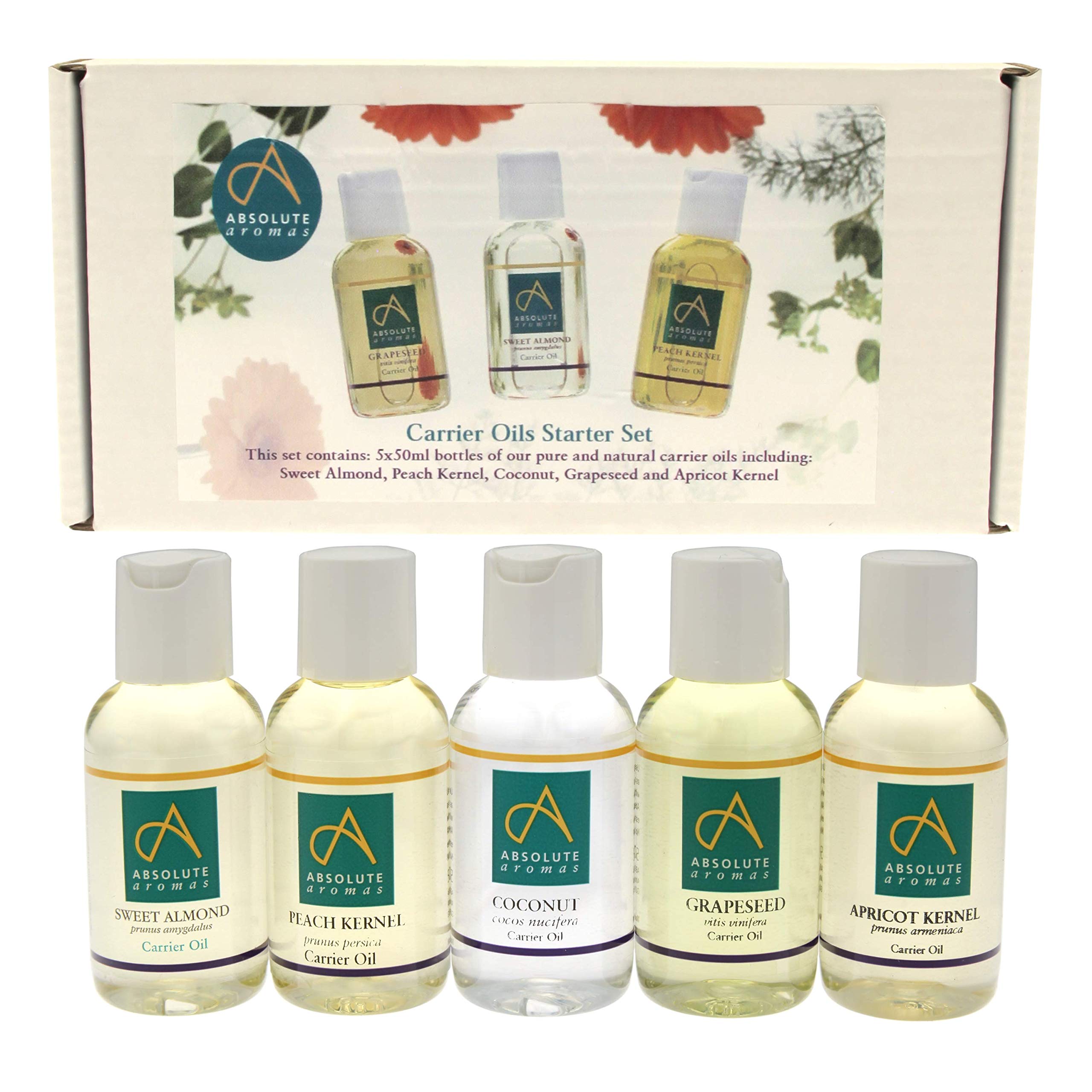 Absolute Aromas Carrier Oil Starter Set Pack (5 x 50ml) - 100% Pure and Natural Carrier Oils - Sweet Almond, Peach Kernel, Fractionated Coconut, Grapeseed and Apricot Kernel Oils