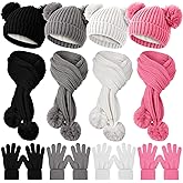 Newcotte 12 Pcs Kids Knitted Winter Hat Gloves Scarf Set Thick Warm Fleece Lined Pompom Beanie Scarf Gloves for Girls Boys