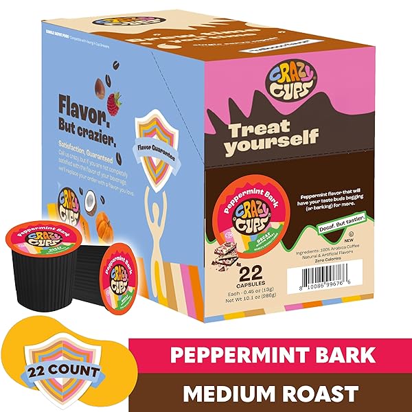 CRAZY CUPS DECAF PEPPERMINT BARK FLAVORED COFFEE PODS, HOLIDAY SINGLE-SERVE MEDIUM ROAST COFFEE CUPS FOR KEURIG K-CUP MACHINES, HOT OR ICED(PACK OF 1, 22 COUNT TOTAL)