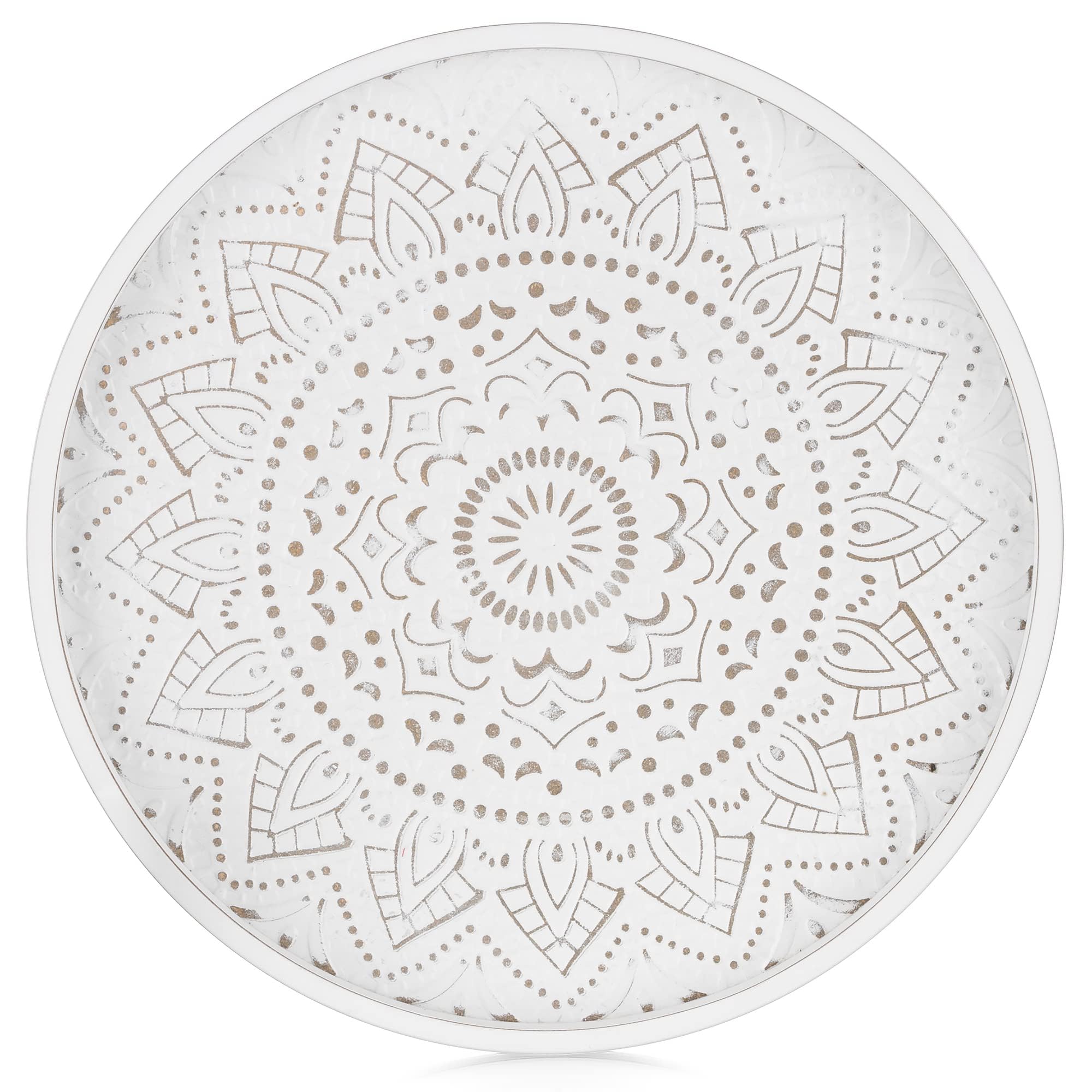 Hanobe Round Decorative Coffee Tray: Rustic White Table Boho Decor Farmhouse Centerpiece Wood Circle Serving Trays for Kitchen Counter Ottoman