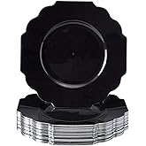 SILVER SPOONS Elegant Plastic Plates for Party with Scalloped Rim (10 PC), Disposable Heavy-Duty Dessert Plates for Wedding Reception - 6”, Fancy Plastic Dinnerware Sets with Silver Edge - Black