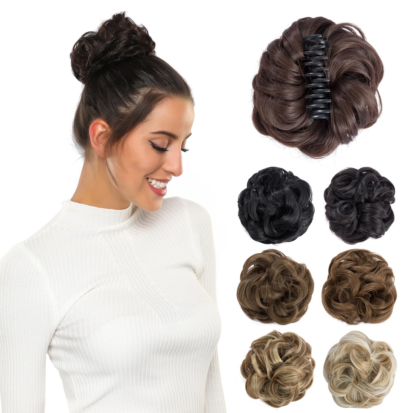 Yamel Messy Bun Hair Pieces for Women Claw Clip Hair Bun Extension Dark Chocolate Brown Tousled Space Updo Synthetic Donut Curly Scrunchie