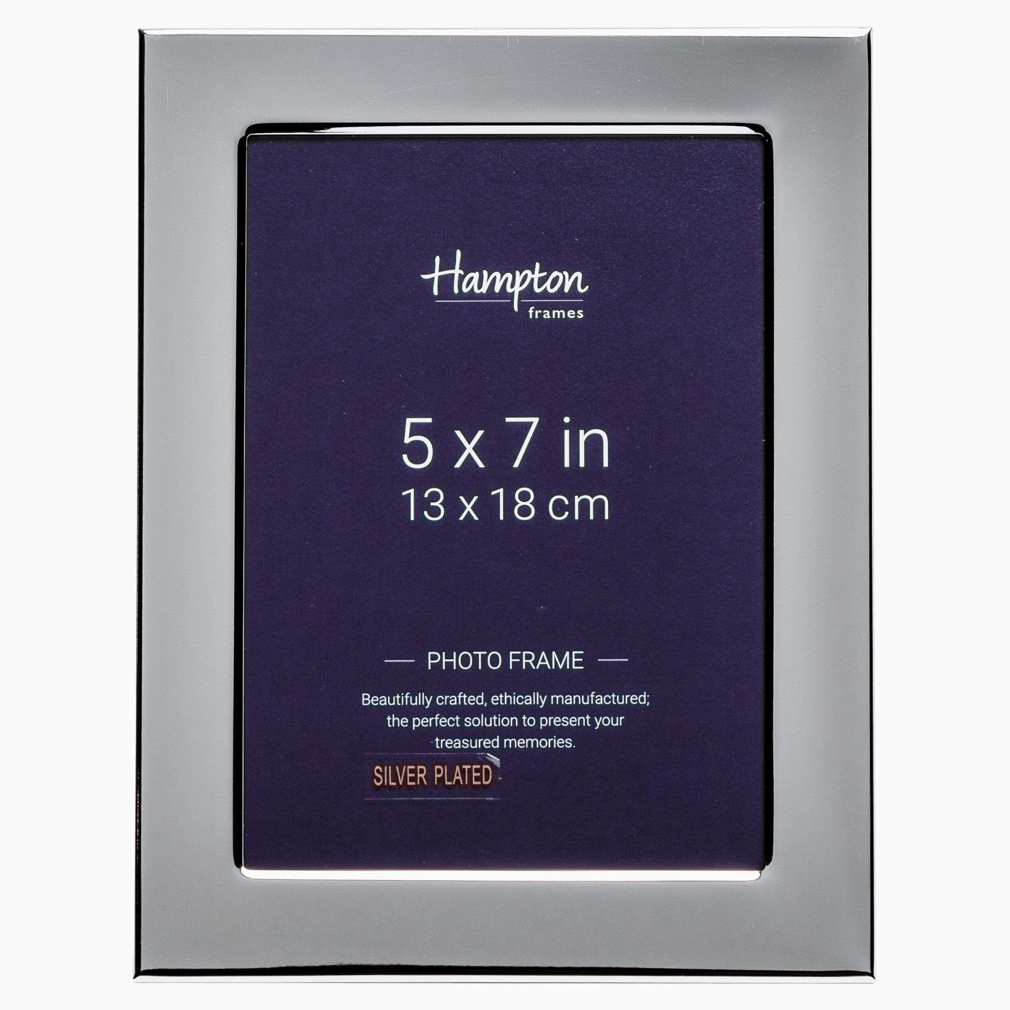 Hampton Frames | WOBURN Silver Picture Photo Frame 5x7 (13x18cm), Polished Silver Plate, Glass Aperture | Engravable, Velvet Back, Freestanding Display, Landscape or Portrait Use