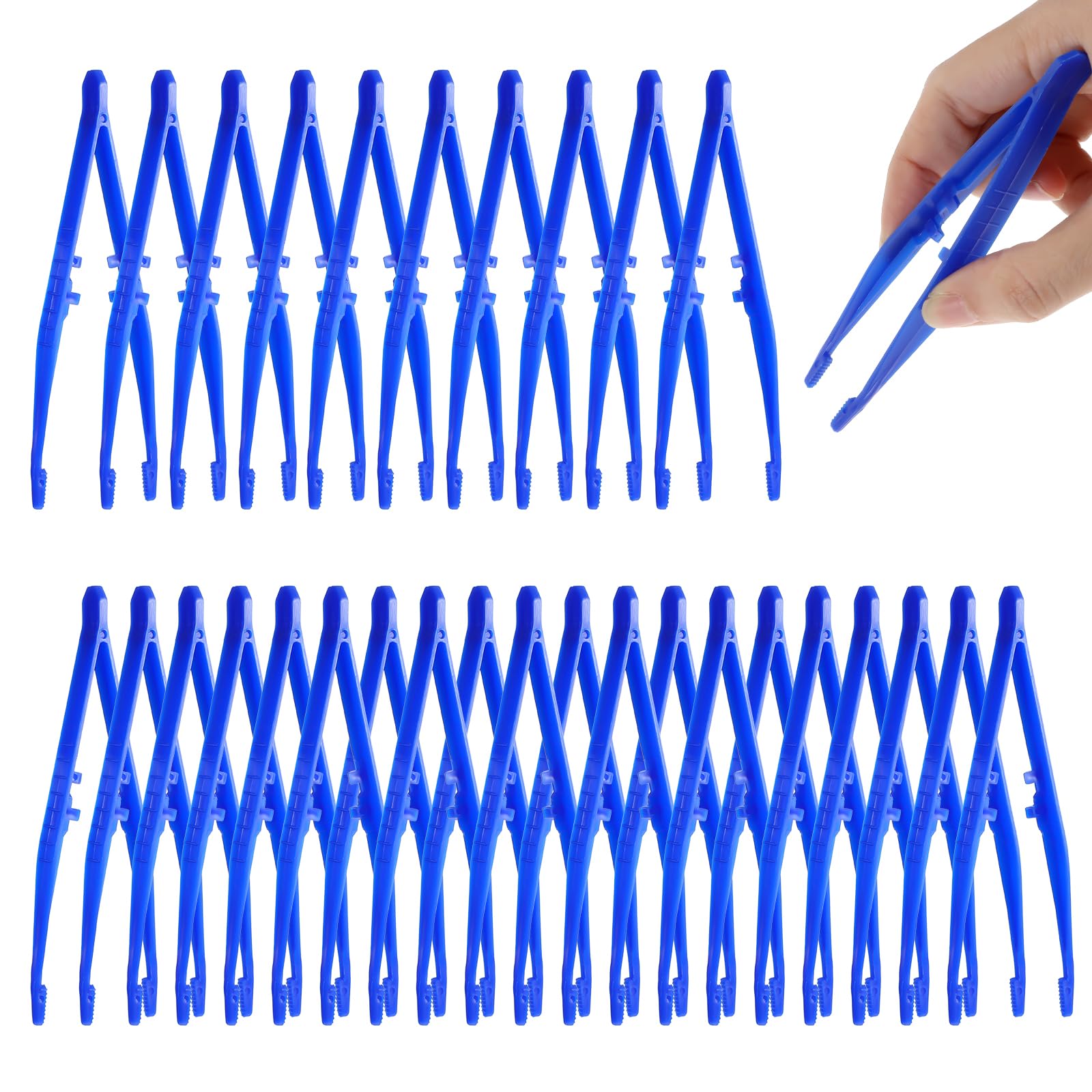 Sibba Plastic Tweezers 30 Pcs Disposable First Aid Pickup Grabbers Blue Lab Tweezer with Finger Ridges Serrated Tips Tweezers for Beading Projects Craft DIY Science Class