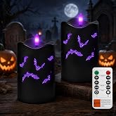 Halloween Flameless Pillar Candles with Bat Cutouts, Remote Control, 2 Pack | Black real wax, purple light through bat silhouettes, paired placement for Halloween mantel decor and covered porch displays