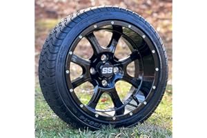 GOLF CART TIRE SUPPLY 14" Stalker Gloss Black Golf Cart Wheels and 205/30-14 DOT Golf Cart Tires Combo - Set of 4