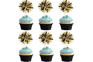 LCINGTIFY 30 PCS Foil Firework Cupcake Toppers Sparkle Tinsel Cake Toppers Happy Birthday Cake Decorations Tinsel Drink Cocktail Picks for Fireworks Theme Birthday Wedding Graduation Party Supplies Black Gold